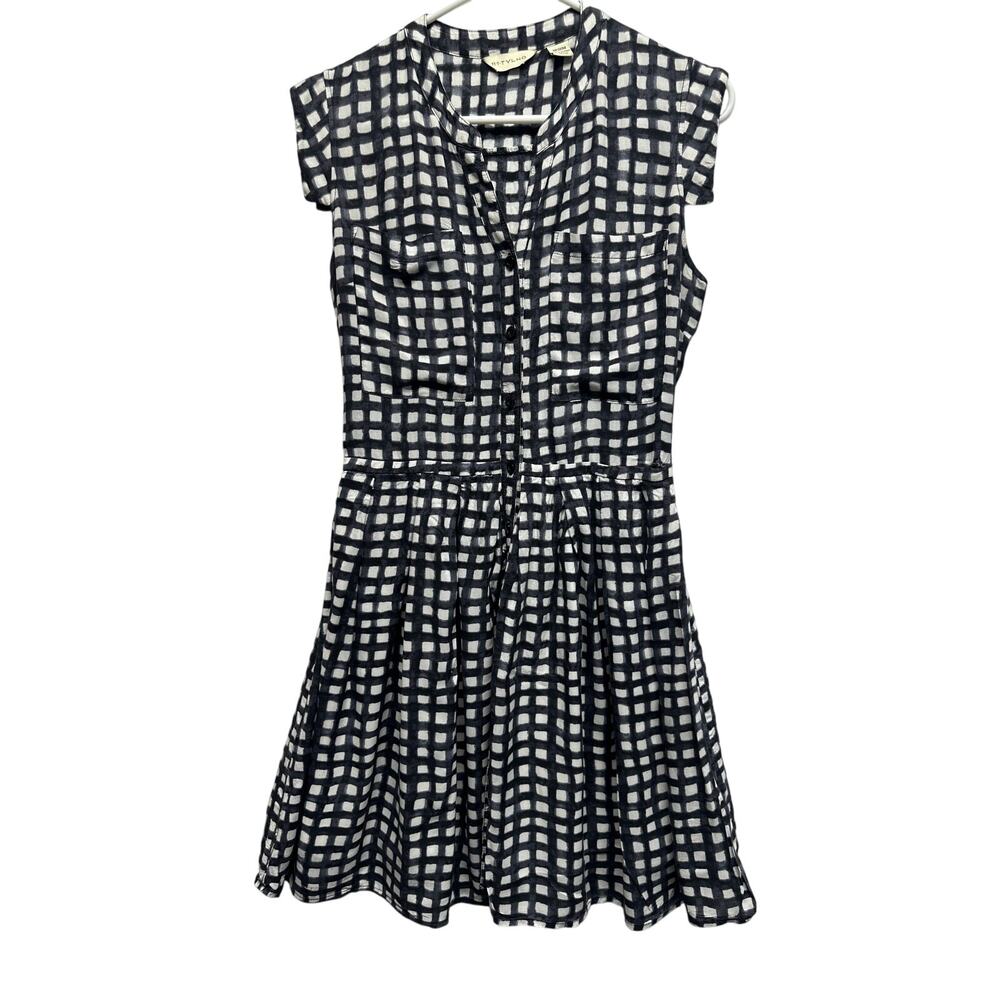 Anthropologie 11.1 TYLHO Black White Grid Fit Flare Dress Women's Medium Rayon
